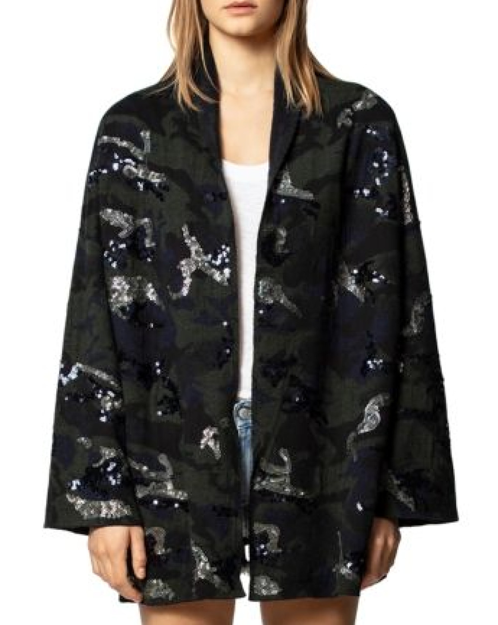 ZADIG & VOLTAIRE Maya Camo Sequin Cardigan Kimono Knit Womens Merino Wool M/